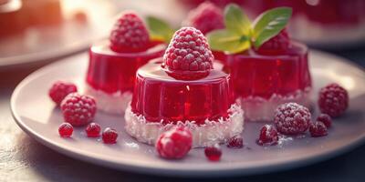 Delicious raspberry gelatin desserts served on a plate garnished with mint leaves and coconut flakes at a festive gathering photo