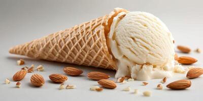 Creamy vanilla ice cream melting in a waffle cone surrounded by almond pieces in a simple setting photo
