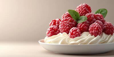 Fresh raspberries topped on a smooth cream dessert served on a white plate with mint leaves as decoration photo
