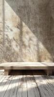 Sunlight streams through a window casting shadows on a minimalistic wooden platform in a serene interior space photo