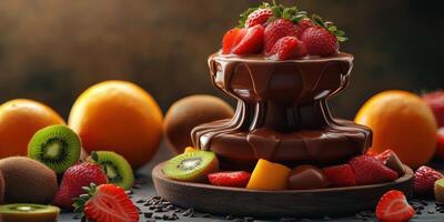 Delicious chocolate fountain surrounded by fresh fruits at a cozy gathering photo