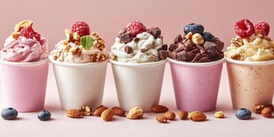 Colorful dessert cups filled with creamy frozen treats topped with fruits and nuts displayed on a pink background photo