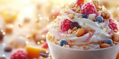 Indulgent dessert featuring creamy yogurt topped with fresh fruits, nuts, and granola on a sunny afternoon photo