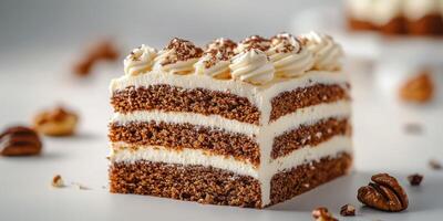 Delicious chocolate cake slice with layers of cream and cocoa sprinkled on top served on a white plate photo