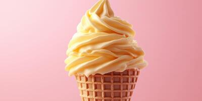 Soft serve ice cream in a cone with a creamy swirl against a pink background during summer photo