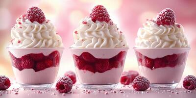 Delicious raspberry desserts topped with whipped cream served in clear glass cups photo