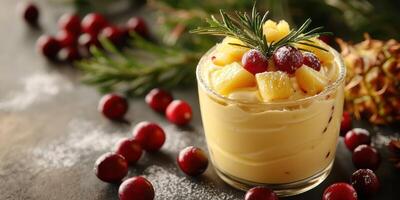 Festive dessert featuring pineapple and cranberries in a glass with seasonal decorations photo