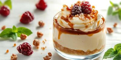 Delicious dessert featuring layers of cream, caramel, berries, and granola on a white rustic surface photo