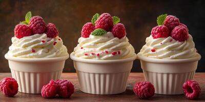Whipped cream desserts topped with fresh raspberries displayed on a rustic wooden surface photo