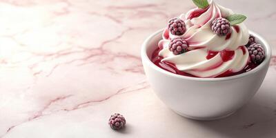 Delicious dessert featuring creamy swirl topped with blackberry sauce and fresh berries on a marble surface photo
