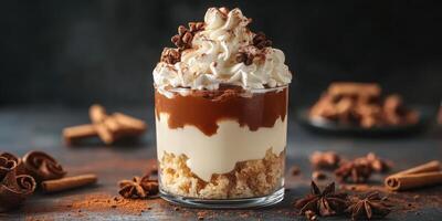 Indulging in a delicious layered dessert with whipped cream and chocolate on a dark background photo