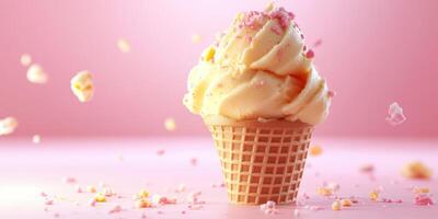 Whipped ice cream topped with popcorn on a pink background creates a cheerful dessert experience photo
