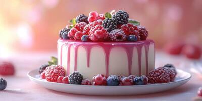 Deliciously decorated cake topped with fresh berries in a soft light setting photo