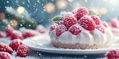 Delicious raspberry dessert with whipped cream and snowflakes in a cozy winter setting photo