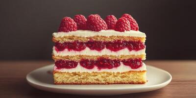 Delicious raspberry cream cake served on a white plate in a cozy setting with warm lighting photo