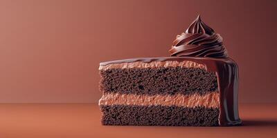 Decadent chocolate cake slice with rich frosting displayed on a minimalistic background photo