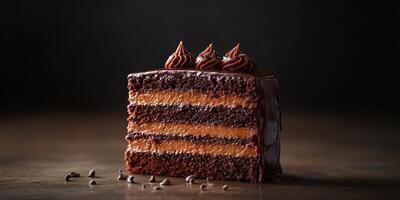 Rich chocolate layer cake with creamy frosting presented on a dark wood surface photo