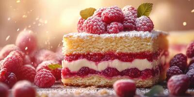 Delicious raspberry cake layered with cream and fruit on a rustic table at sunset photo