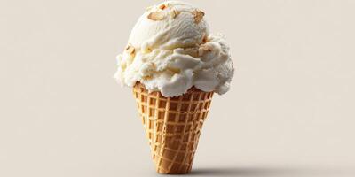 Delicious ice cream cone topped with fluffy whipped cream and toasted almonds in a neutral background photo