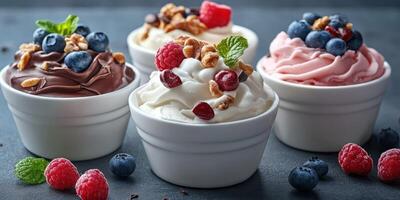 Delicious assortment of colorful frozen desserts topped with fresh fruit and nuts in small bowls served on a dark surface photo