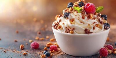 Delicious dessert topped with fresh berries and granola served in a white bowl photo