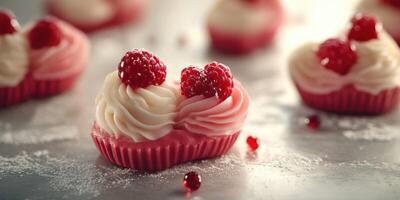 Delightful raspberry cupcakes with creamy frosting and garnishes on a silver surface photo