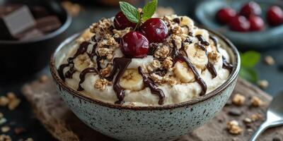 Delicious dessert bowl with whipped cream, bananas, chocolate, and cherries on a rustic table photo