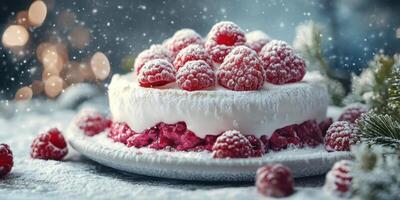Festive raspberry cake adorned with snowflakes and fresh berries in a cozy winter setting photo