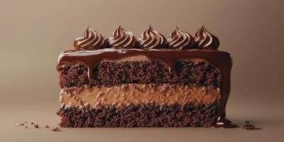 Decadent chocolate cake with creamy filling and rich frosting displayed on a neutral background photo