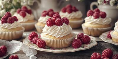 Delightful raspberry topped cupcakes displayed on vintage plates with a rustic backdrop photo