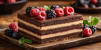 Delicious layered chocolate cake with fresh berries on wooden table in warm lighting photo