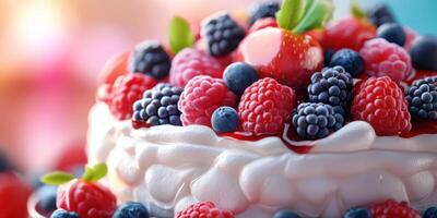 Colorful berry cake topped with fresh strawberries and blueberries at a summer gathering photo