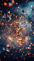 Stunning display of broken glass shards illuminated by warm light creating a captivating visual effect in a dynamic environment photo