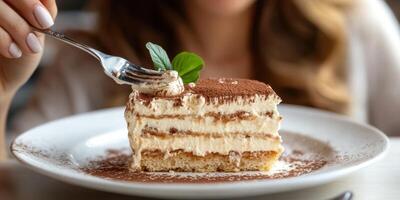 Delicious dessert served on a plate with a fork ready to take a bite in an elegant dining setting photo