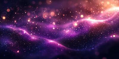 Vibrant cosmic waves filled with luminous particles and glowing lights in a deep purple space photo