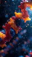 Colorful molecular structure illuminated in dark surroundings captures intricate details of biochemical processes photo