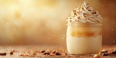 Creamy dessert in glass jar with whipped topping and nuts garnishing on wooden surface at sunset photo