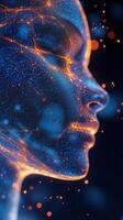 Radiant profile of a woman with luminous patterns illuminating her face in a dark setting photo