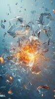 Shattered glass explodes in vibrant sparks against a mesmerizing blue background photo