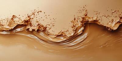 Fluid waves of chocolate brown liquid create dynamic splashes against a smooth surface, capturing a moment of energy and motion photo