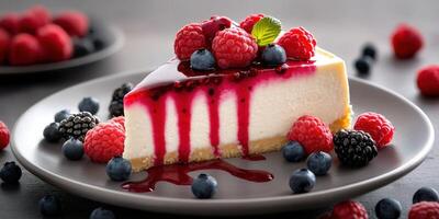 Delicious cheesecake slice topped with fresh berries and berry sauce on a clean plate photo