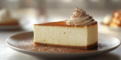 Creamy cheesecake slice with whipped cream and cocoa dust on a white plate in a well-lit dining space photo
