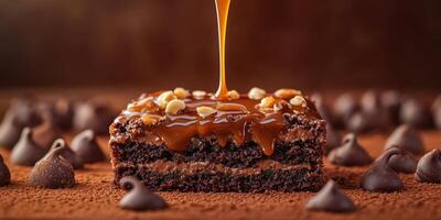Decadent chocolate caramel brownie topped with drizzled sauce during a dessert setting photo