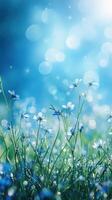 Blue flowers bloom under bright light with sparkling bokeh effects in a serene outdoor setting during springtime photo
