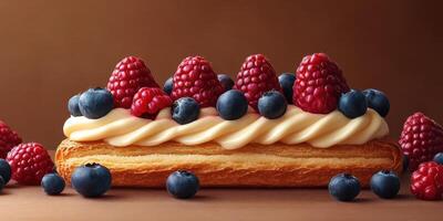 Colorful pastry topped with fresh berries showcases delightful dessert artistry in a warm setting photo