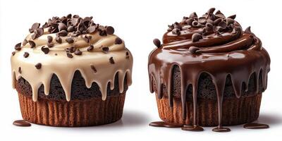 Delicious chocolate cupcakes with creamy frosting and chocolate chips on a white background photo