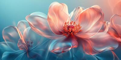 Beautiful translucent flowers in soft pastel colors against a blue background showcasing delicate petals and intricate details photo
