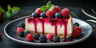 Delicious cheesecake topped with fresh berries and drizzled with berry sauce on a dark plate photo