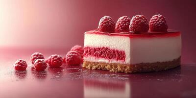 Raspberry dessert with layer of cream and crust presented on a reflective surface in a warm light setting photo