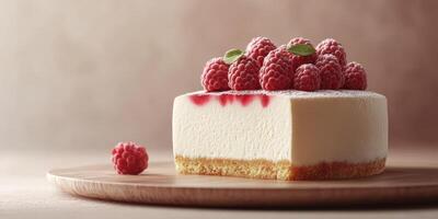 Delicious cheesecake topped with fresh raspberries on a wooden serving board in a softly lit setting photo